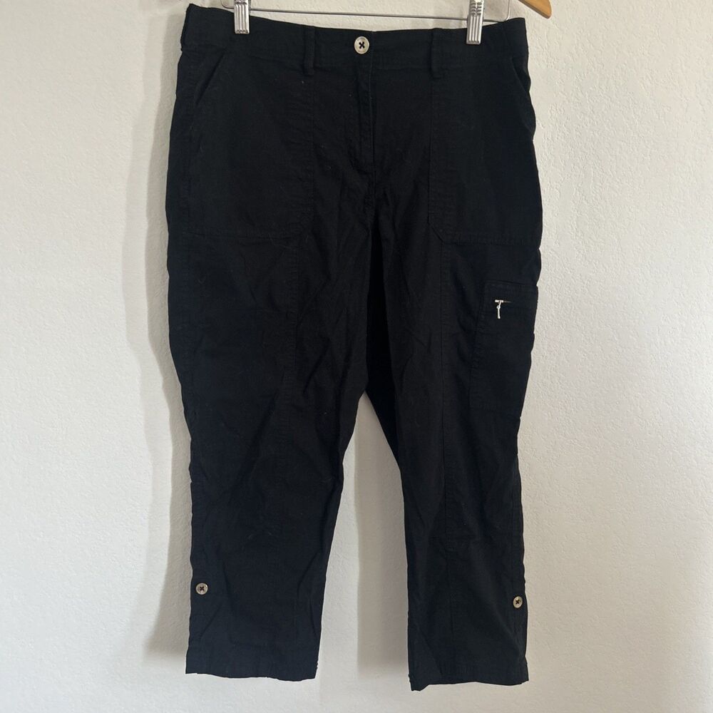 Chico's Cropped Pants Black Stretch Roll Tab Leg Cargo Pants  Sz 1 / S